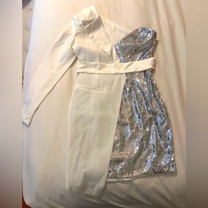 BAKATA White Half Sequinned Asymmetrical Mini Dress